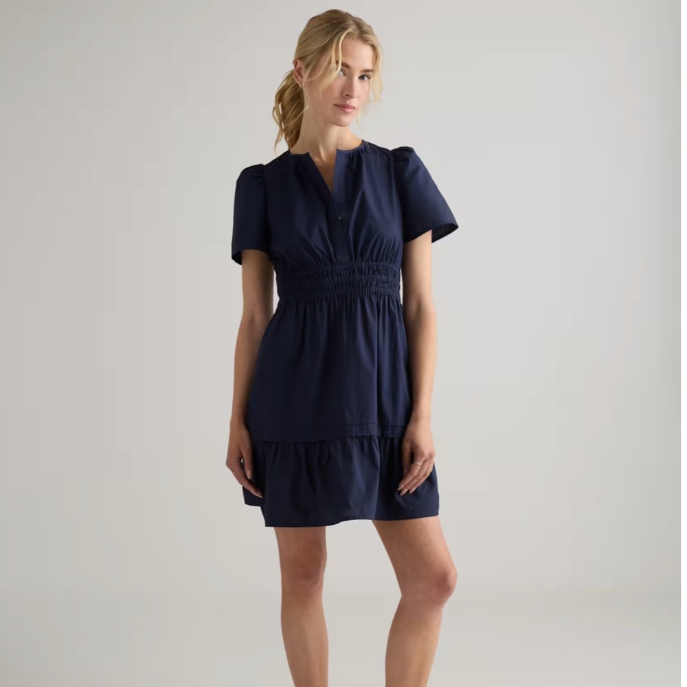 Quince Navy Short-Sleeve Smocked Waist Dress
